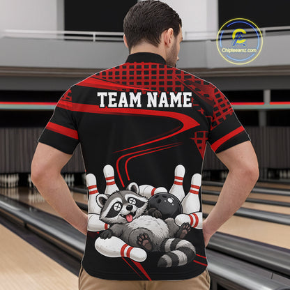 Black & Red Funny Raccoon Bowling Shirt for Men Bowling Team Jersey Polo & 1/4-Zip QZT1238