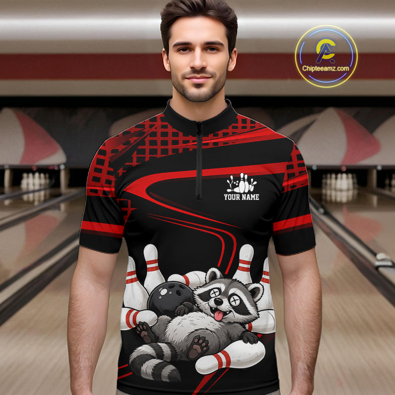 Black & Red Funny Raccoon Bowling Shirt for Men Bowling Team Jersey Polo & 1/4-Zip QZT1238