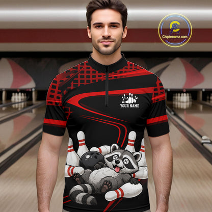 Black & Red Funny Raccoon Bowling Shirt for Men Bowling Team Jersey Polo & 1/4-Zip QZT1238