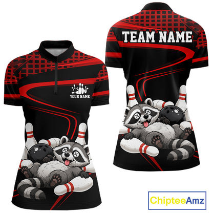 Black & Red Funny Raccoon Bowling Shirt for Women Bowling Team Jersey Polo & 1/4-Zip QZT1238