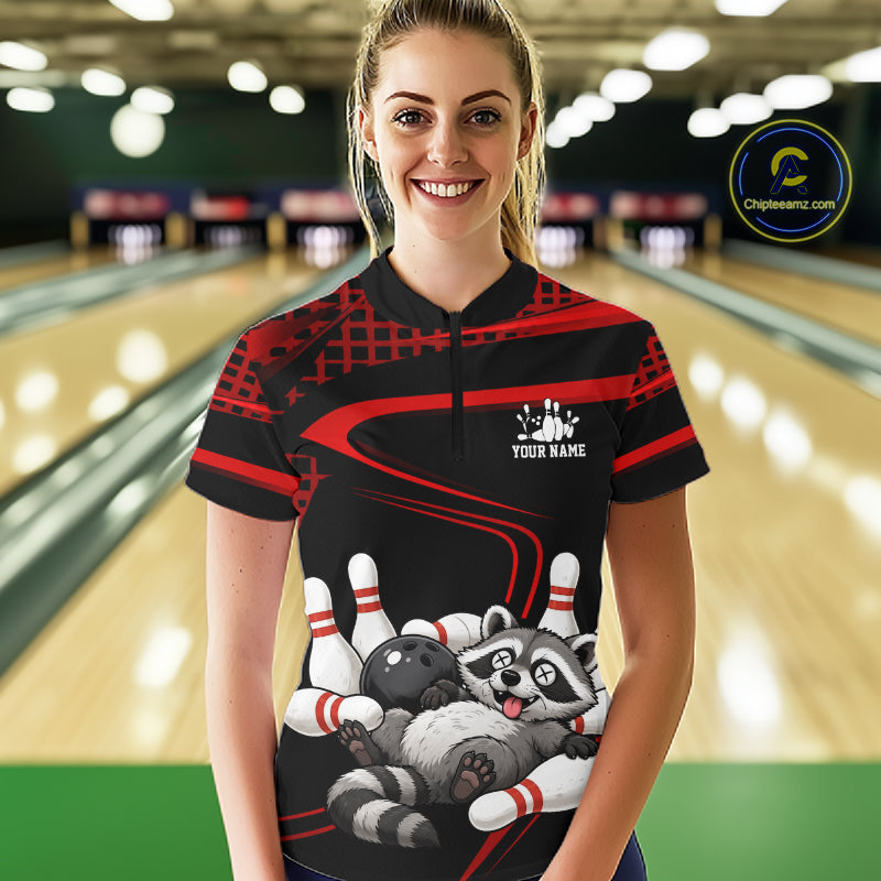 Black & Red Funny Raccoon Bowling Shirt for Women Bowling Team Jersey Polo & 1/4-Zip QZT1238