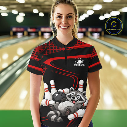 Black & Red Funny Raccoon Bowling Shirt for Women Bowling Team Jersey Polo & 1/4-Zip QZT1238