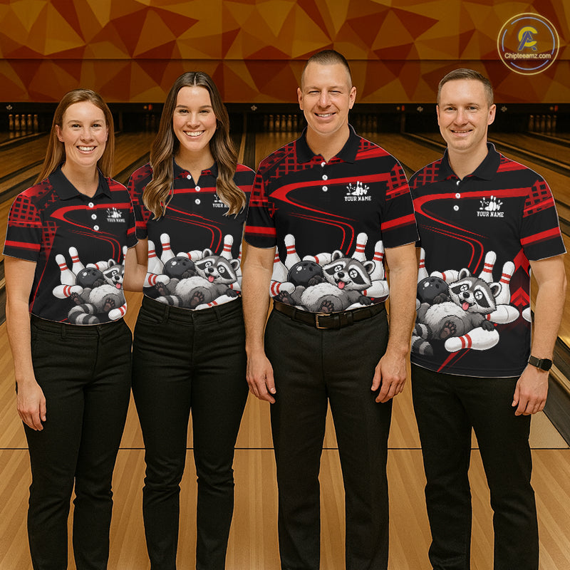 Black & Red Funny Raccoon Bowling Shirt for Women Bowling Team Jersey Polo & 1/4-Zip QZT1238