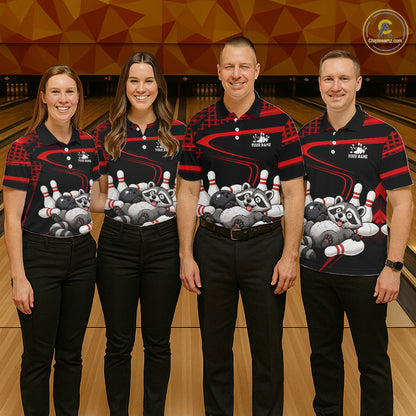 Black & Red Funny Raccoon Bowling Shirt for Women Bowling Team Jersey Polo & 1/4-Zip QZT1238
