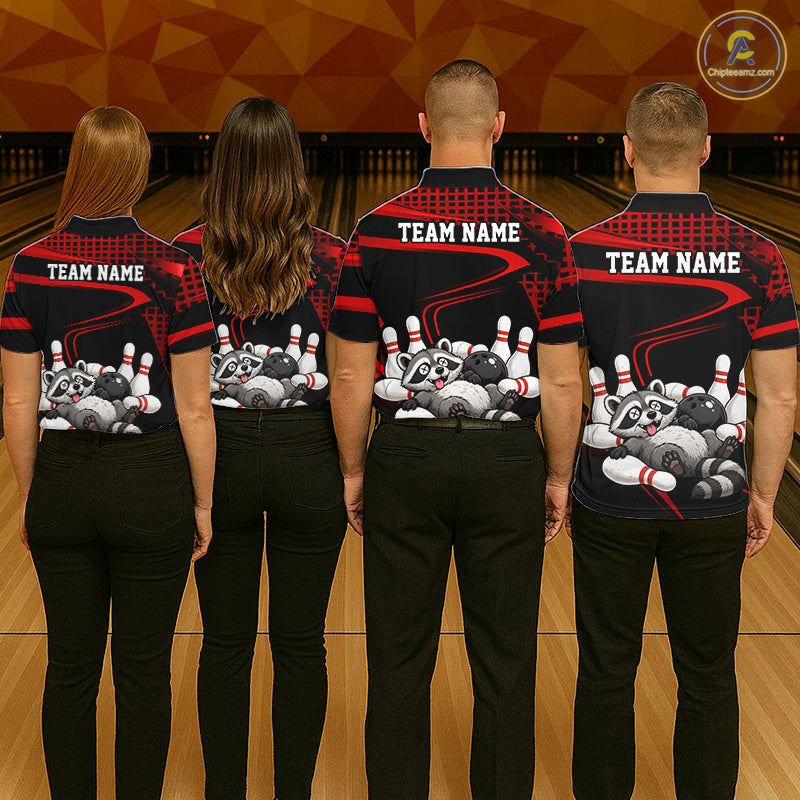 Black & Red Funny Raccoon Bowling Shirt for Women Bowling Team Jersey Polo & 1/4-Zip QZT1238