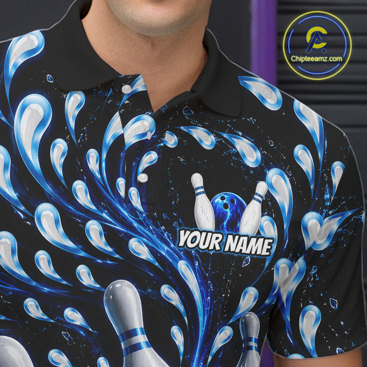 Polo shirt with bowling design and 'Your Name' text, brand logo visible