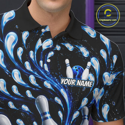Polo shirt with bowling design and 'Your Name' text, brand logo visible