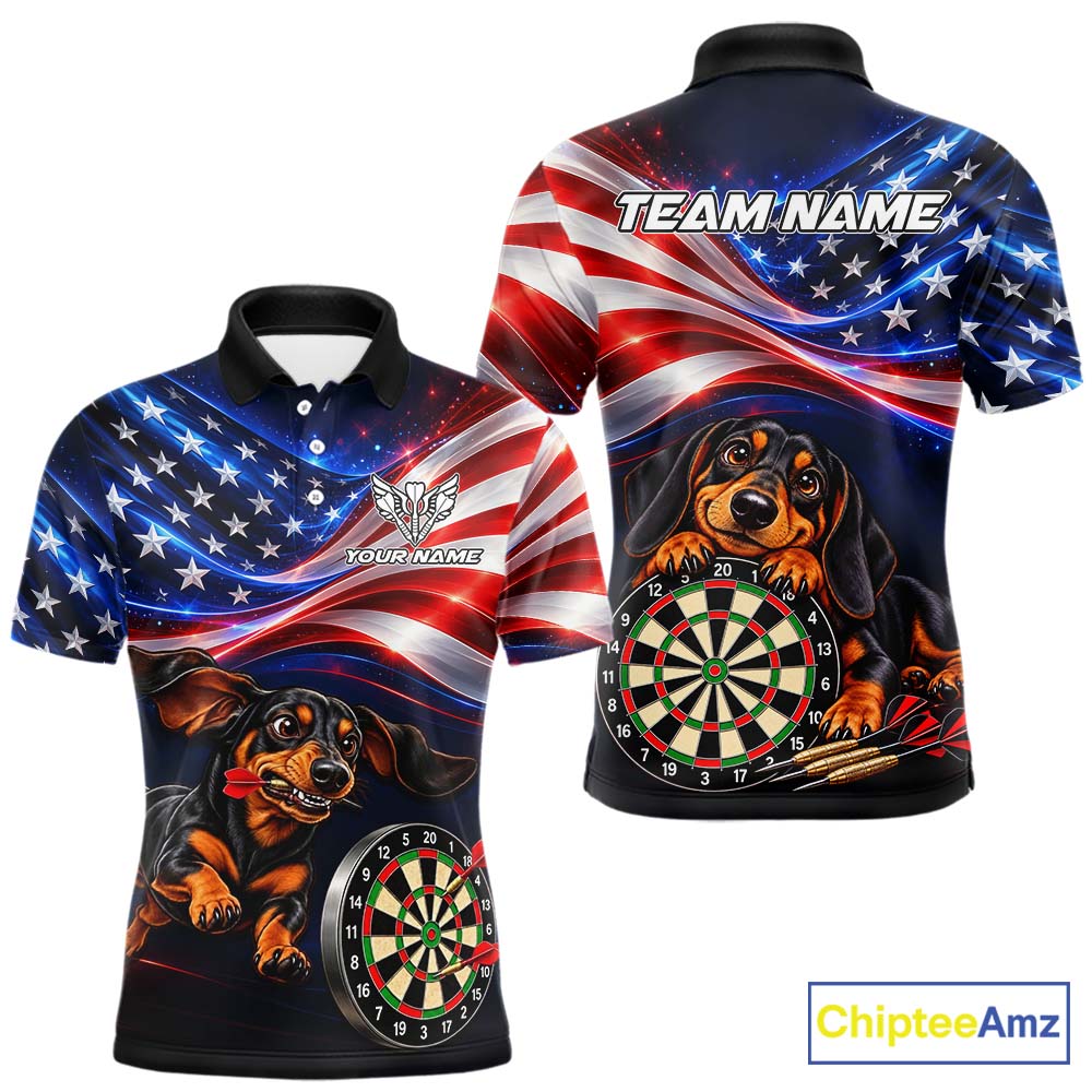 Custom American Flag Funny Dachshund Darts Shirt for Men Dart Team Jersey Polo & Quarter-Zip DHT94