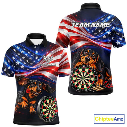 Custom American Flag Funny Dachshund Darts Shirt for Men Dart Team Jersey Polo & Quarter-Zip DHT94