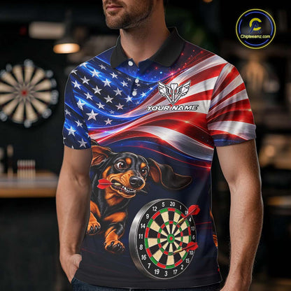 Custom American Flag Funny Dachshund Darts Shirt for Men Dart Team Jersey Polo & Quarter-Zip DHT94