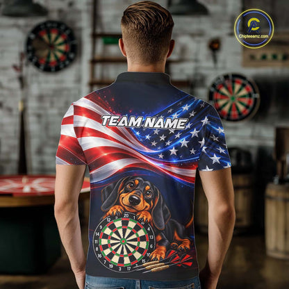 Custom American Flag Funny Dachshund Darts Shirt for Men Dart Team Jersey Polo & Quarter-Zip DHT94
