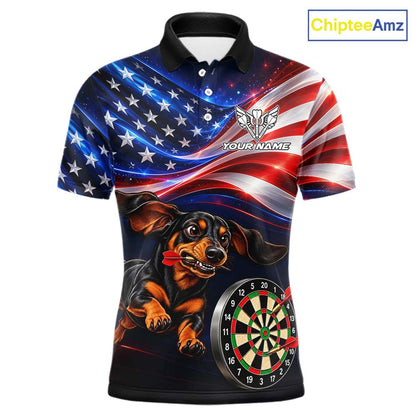 Custom American Flag Funny Dachshund Darts Shirt for Men Dart Team Jersey Polo & Quarter-Zip DHT94