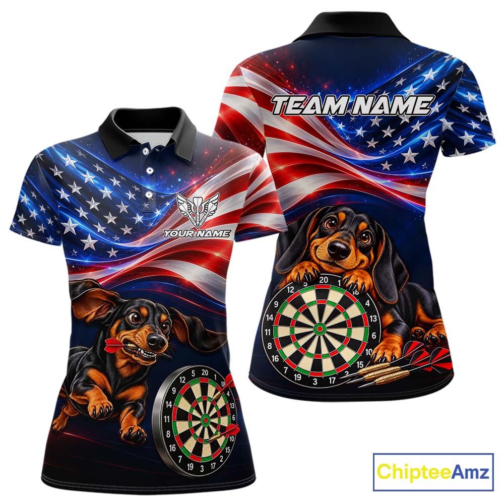 Custom American Flag Funny Dachshund Darts Shirt for Women Dart Team Jersey Polo & Quarter-Zip DHT94