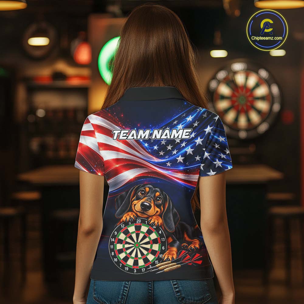 Custom American Flag Funny Dachshund Darts Shirt for Women Dart Team Jersey Polo & Quarter-Zip DHT94