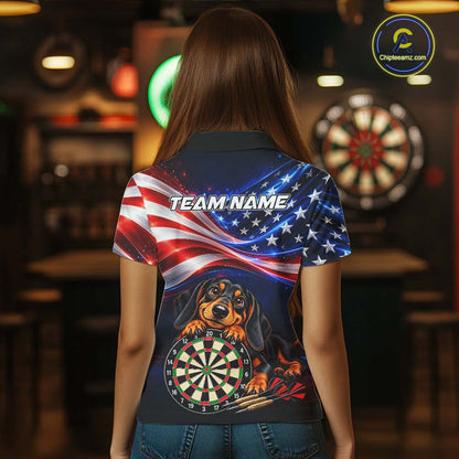 Custom American Flag Funny Dachshund Darts Shirt for Women Dart Team Jersey Polo & Quarter-Zip DHT94
