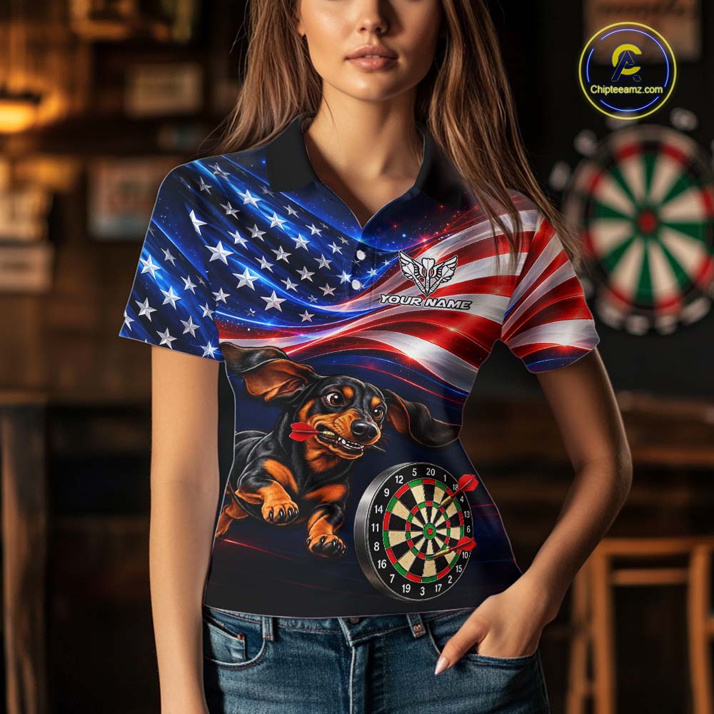 Custom American Flag Funny Dachshund Darts Shirt for Women Dart Team Jersey Polo & Quarter-Zip DHT94