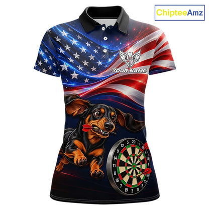 Custom American Flag Funny Dachshund Darts Shirt for Women Dart Team Jersey Polo & Quarter-Zip DHT94