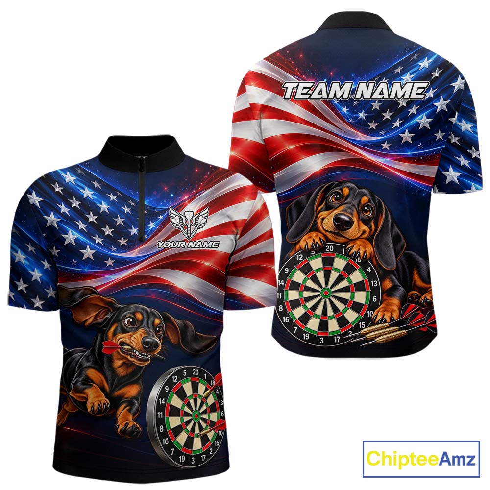 Custom American Flag Funny Dachshund Darts Shirt for Men Dart Team Jersey Polo & Quarter-Zip DHT94