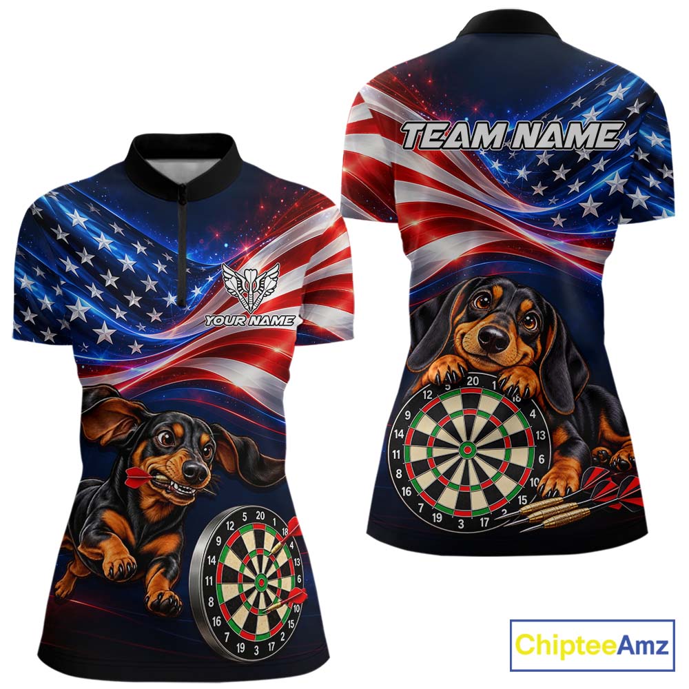 Custom American Flag Funny Dachshund Darts Shirt for Women Dart Team Jersey Polo & Quarter-Zip DHT94