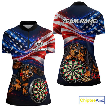 Custom American Flag Funny Dachshund Darts Shirt for Women Dart Team Jersey Polo & Quarter-Zip DHT94