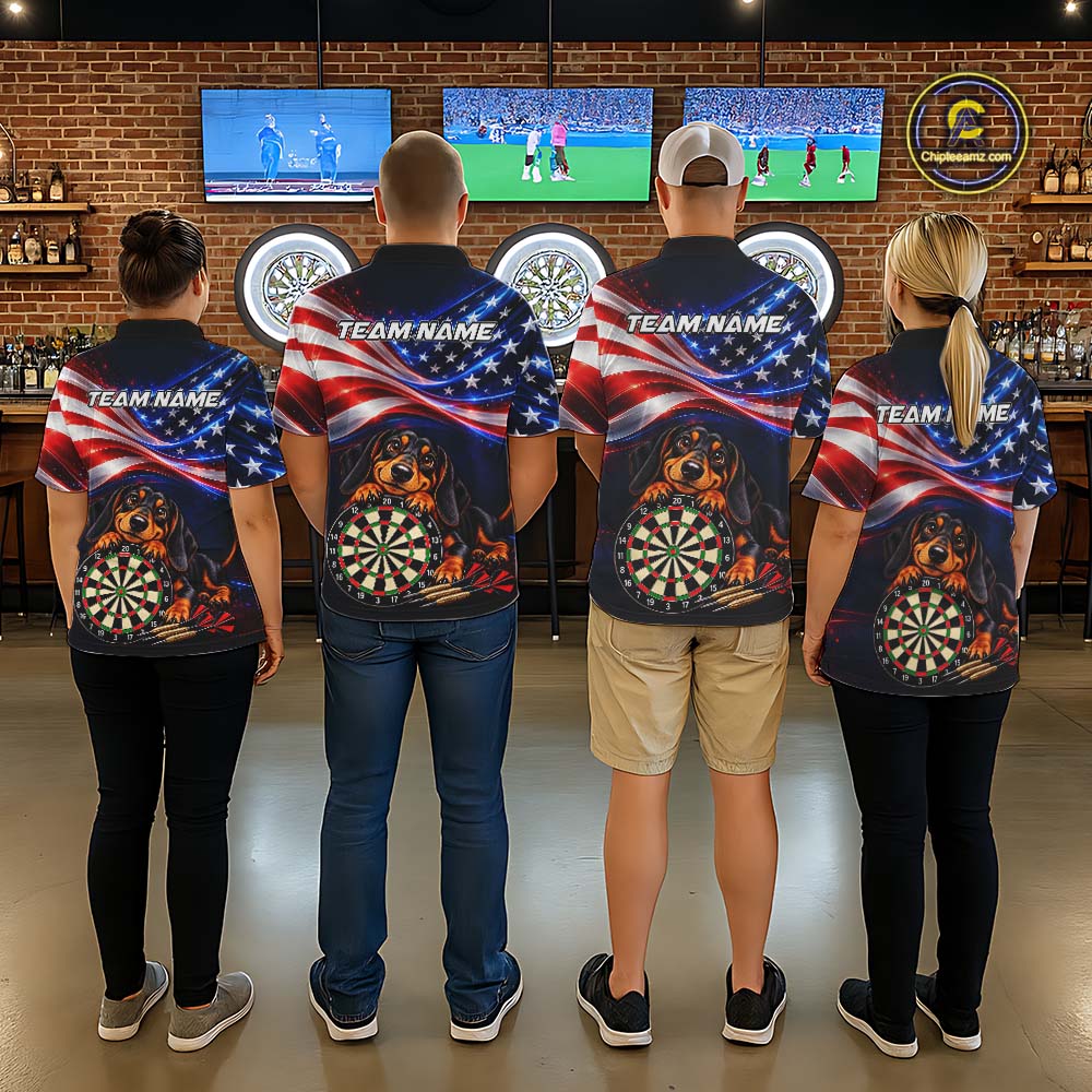 Custom American Flag Funny Dachshund Darts Shirt for Women Dart Team Jersey Polo & Quarter-Zip DHT94