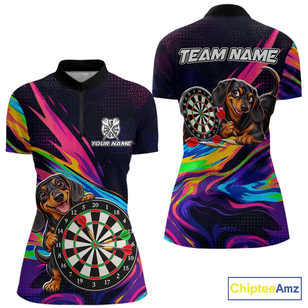 Custom Colorful Funny Dachshund Darts Shirt Dart Team Jersey for Women Polo & Quarter-Zip DHT95