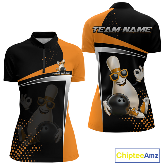 Custom Orange Funny Bowling Pin Shirt for Women Bowling Team League Jersey Bowling Outfit QZT817