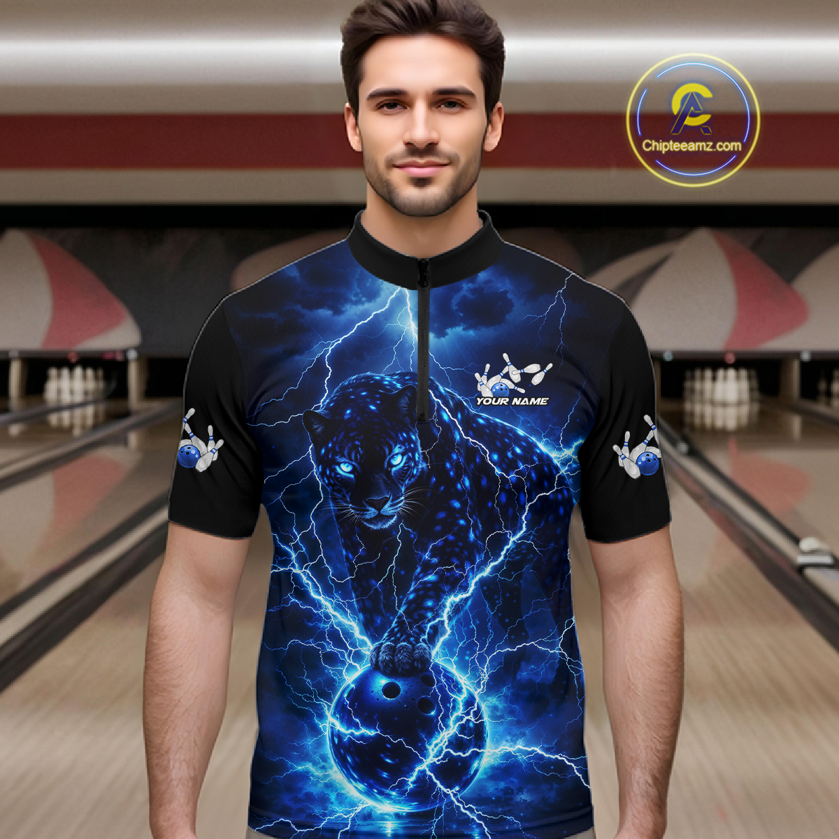 Custom Blue Lightning Thunder Leopard Bowling Shirt Polo & 1/4 Zip Bowling League for Women QZT833