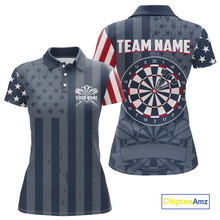 Load image into Gallery viewer, Front and back views of a custom vintage grey darts polo shirt for women, featuring asymmetric American flag sleeves, a large dartboard graphic, and personalized text.