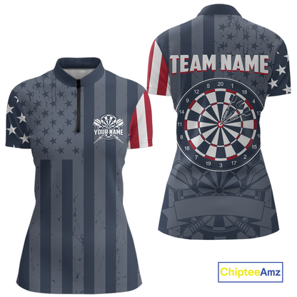 Front and back views of a custom quarter-zip darts shirt for women, featuring a distressed American flag pattern, large dartboard graphic, and personalized 'YOUR NAME' and 'TEAM NAME'.