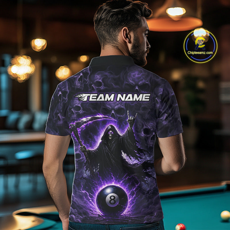 Man wearing a custom polo shirt with a purple design and 'Team Name' text in a bar setting.
