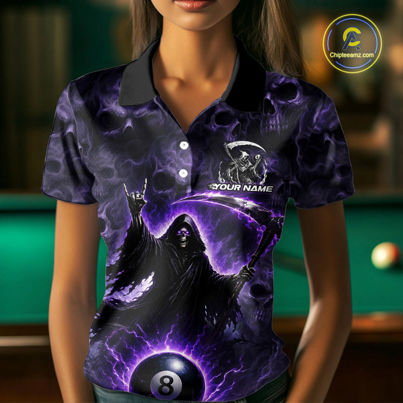 Person wearing a purple and black themed shirt with a graphic design in a pool hall setting.