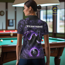 Load image into Gallery viewer, Woman wearing a custom polo shirt with a purple design and 'Team Name' text in a pool hall.