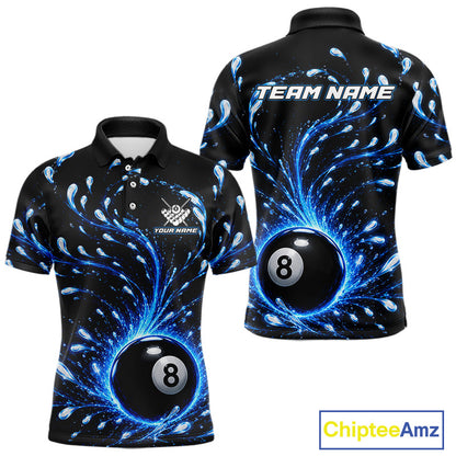 Black polo shirt with blue abstract design and 8-ball, customizable text on a white background
