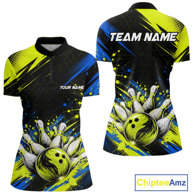 Custom bowling-themed short-sleeve polo shirt shown from both front and back views. The shirt features a black base with vibrant neon yellow, blue, and white graphic designs of bowling balls and pins, with customizable text placeholders 'YOUR NAME' and 'TEAM NAME'.