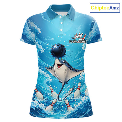A short-sleeve polo shirt with a vibrant blue ocean and bowling theme, featuring a cartoon stingray bowling with bowling pins and a black bowling ball. The shirt has a custom name placeholder 'YOUR NAME' and a logo for 'ChipteeAmz' in the top right corner.
