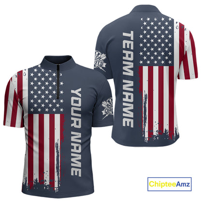 Front and back views of a navy blue short-sleeve cycling jersey featuring a distressed American flag design and vertical 'YOUR NAME' and 'TEAM NAME' text placeholders, shown on a white background with a ChipteeAmz logo in the corner.