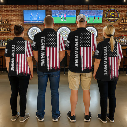 Back view of four people wearing matching custom patriotic dart polo shirts with personalized team names and distressed American flag graphics in a professional dart room.