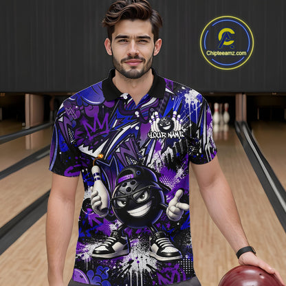 Man wearing a colorful bowling shirt with a cartoon character in a bowling alley.