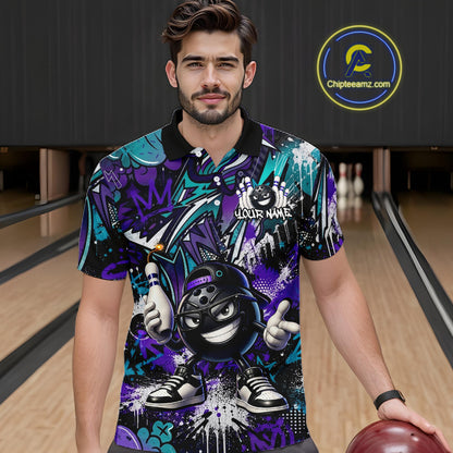 Man wearing a colorful bowling shirt with a design on a bowling alley.