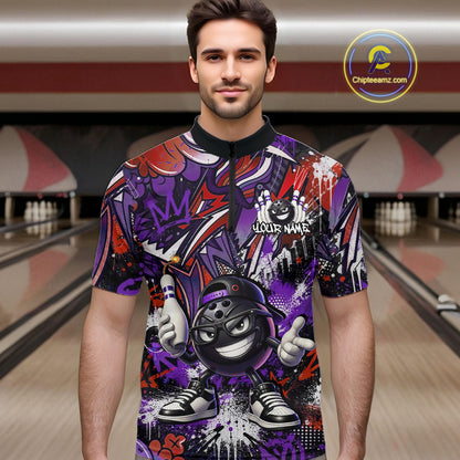 Man wearing a colorful bowling shirt with a design on a bowling alley background