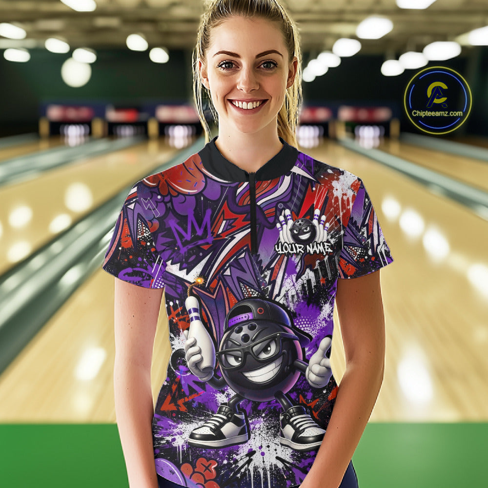 Custom Purple Red Graffiti Funny Bowling Mascot Shirt for Women Polo & 1/4 Zip for Bowling Team QZT1062