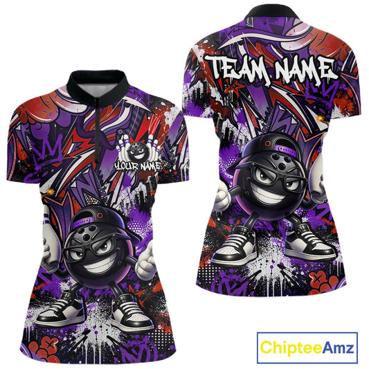 Custom Purple Red Graffiti Funny Bowling Mascot Shirt for Women Polo & 1/4 Zip for Bowling Team QZT1062