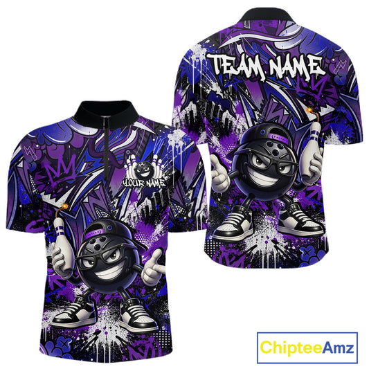 Purple and black bowling shirt with cartoon character and 'Your Name' and 'Team Name' text, featuring Chiptee Amz branding.
