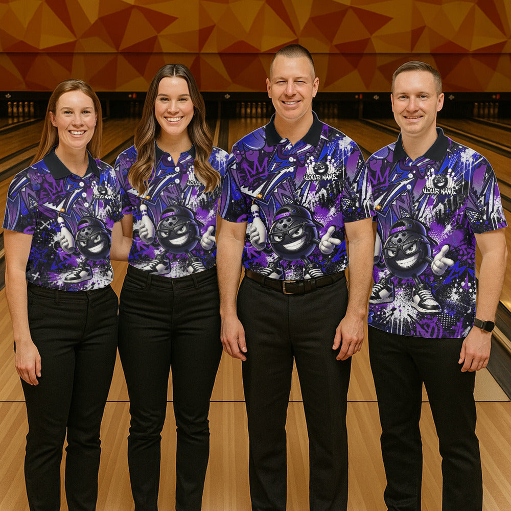 Four people wearing matching purple bowling shirts with a gorilla design in a bowling alley.
