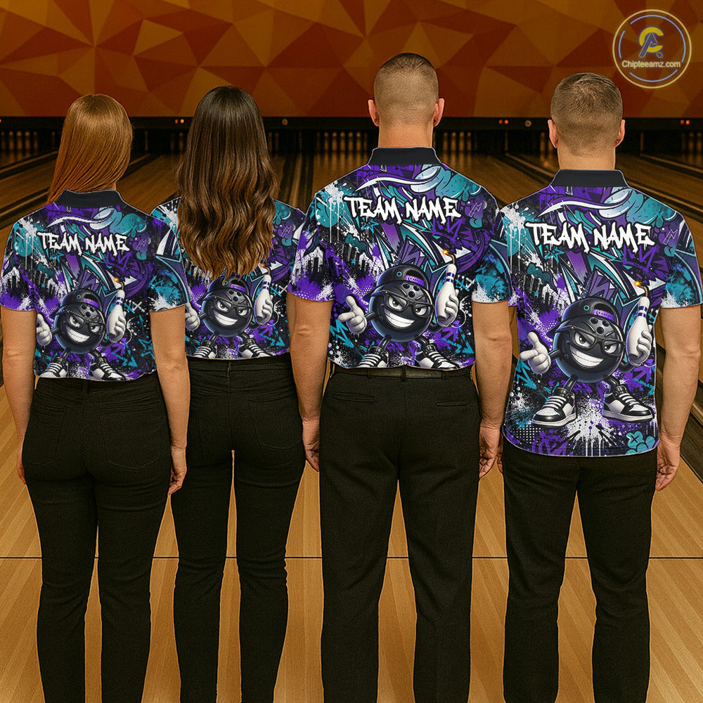 Four people wearing matching team jerseys with a gorilla graphic on a bowling alley background.