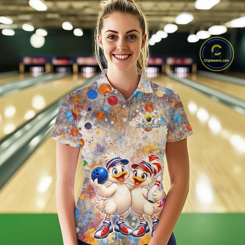 Custom Colorful Funny Duck Bowling Shirt for Women Buddy Bowling Jersey Polo & 1/4 Zip QZT1385