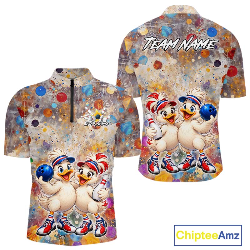 Custom Colorful Funny Duck Bowling Shirt for Men Buddy Bowling Jersey Polo & 1/4 Zip QZT1385