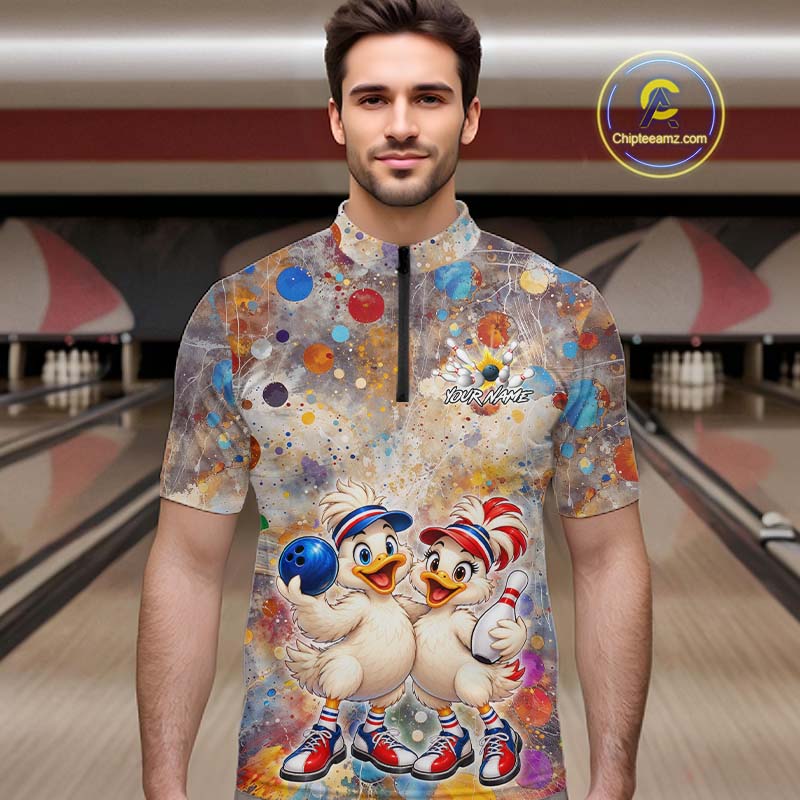 Custom Colorful Funny Duck Bowling Shirt for Men Buddy Bowling Jersey Polo & 1/4 Zip QZT1385
