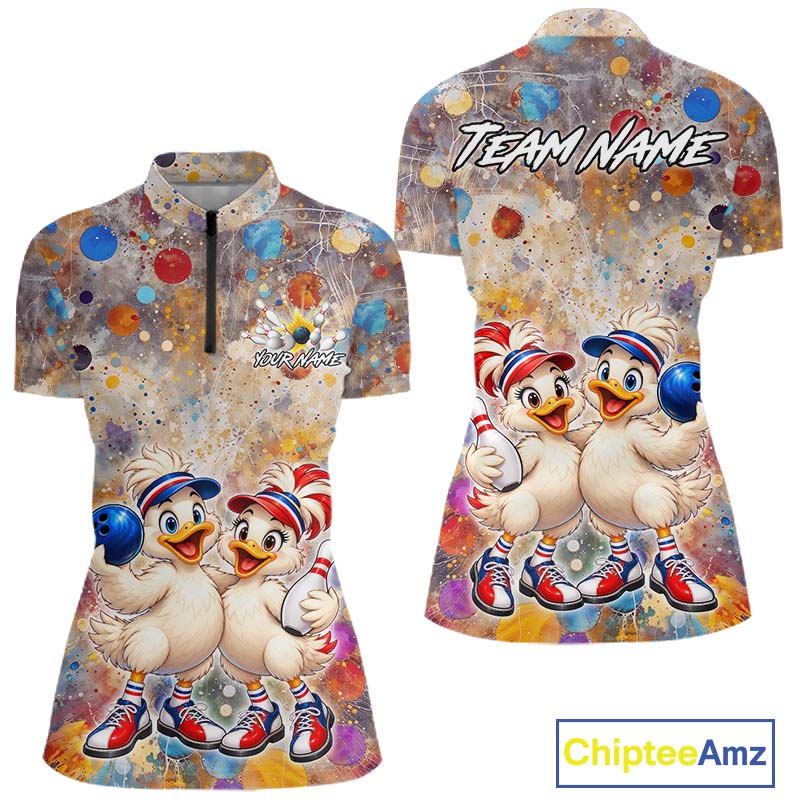 Custom Colorful Funny Duck Bowling Shirt for Women Buddy Bowling Jersey Polo & 1/4 Zip QZT1385